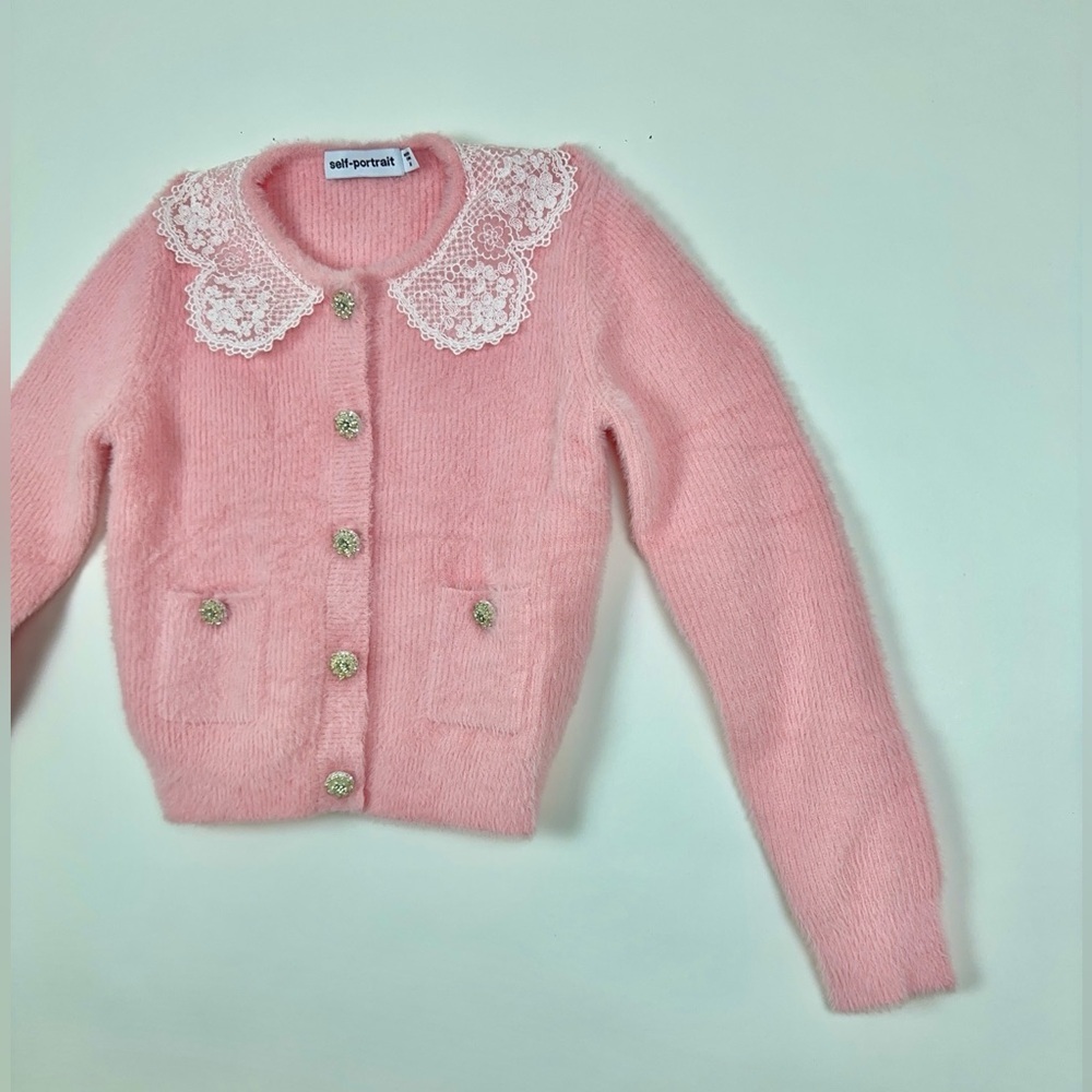 Self Portrait Fluffy Knit Cardigan Pink Lace Collar - Picture 8 of 10